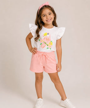 Conjunto Infantil Feminino Blusa com Estampa de Tucano e Short Molecotton
