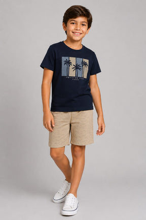 Conjunto Infantil Masculino Camiseta Meia Malha Penteada com Short em Moletom