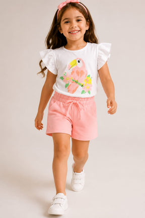 Conjunto Infantil Feminino Blusa com Estampa de Tucano e Short Molecotton