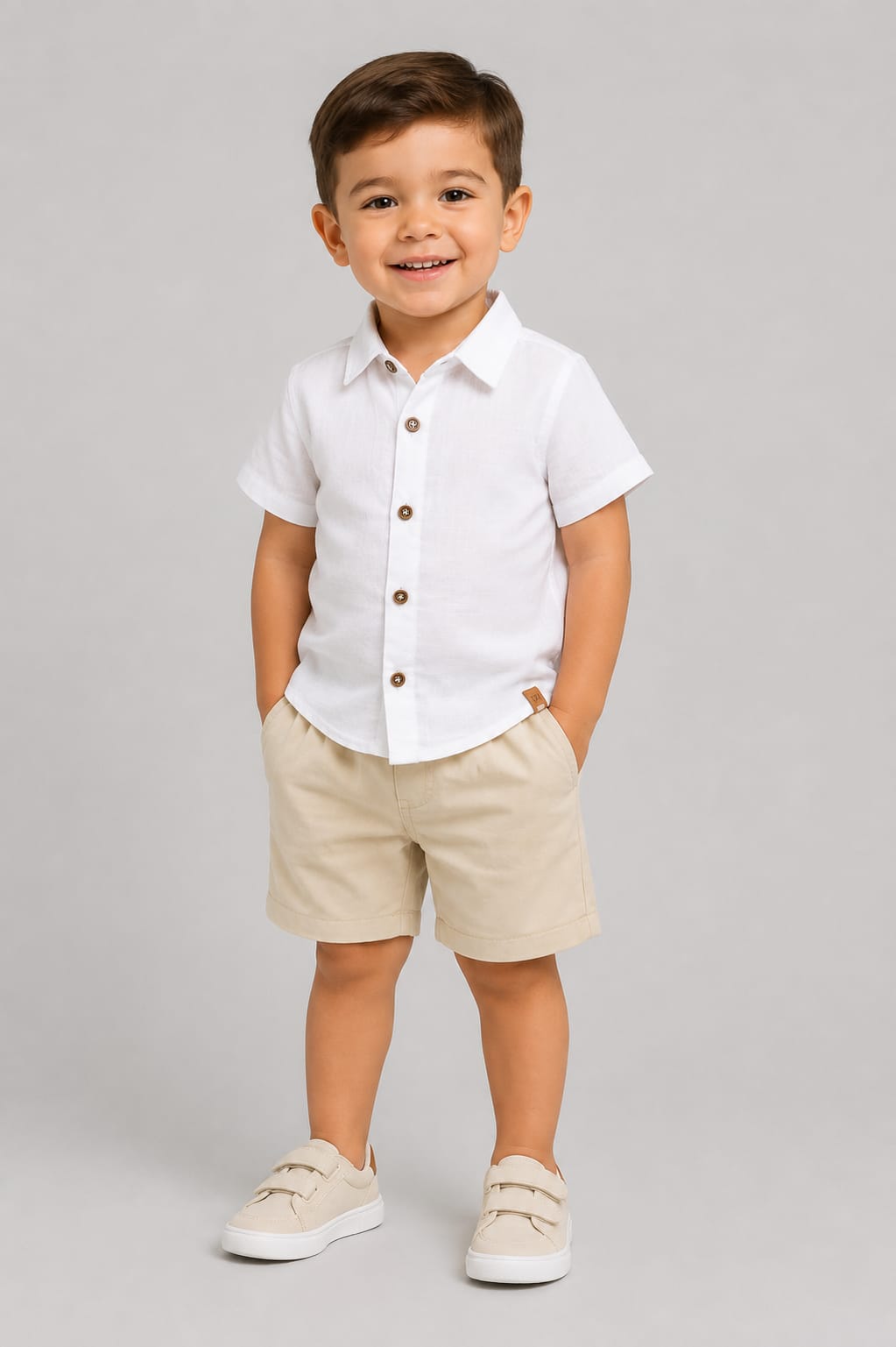 Conjunto Infantil Masculino Camisa Branca e Bermuda Bege