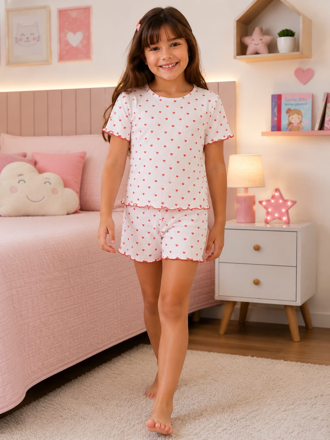 Pijama Infantil Feminino Corações em Malha Ribana Ibiza