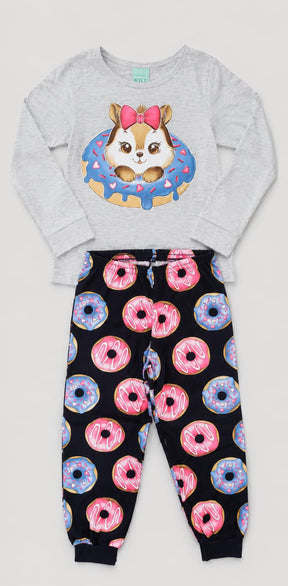 Pijama Infantil Feminino Meia Estação Donuts que Brilha no Escuro 100% Algodão