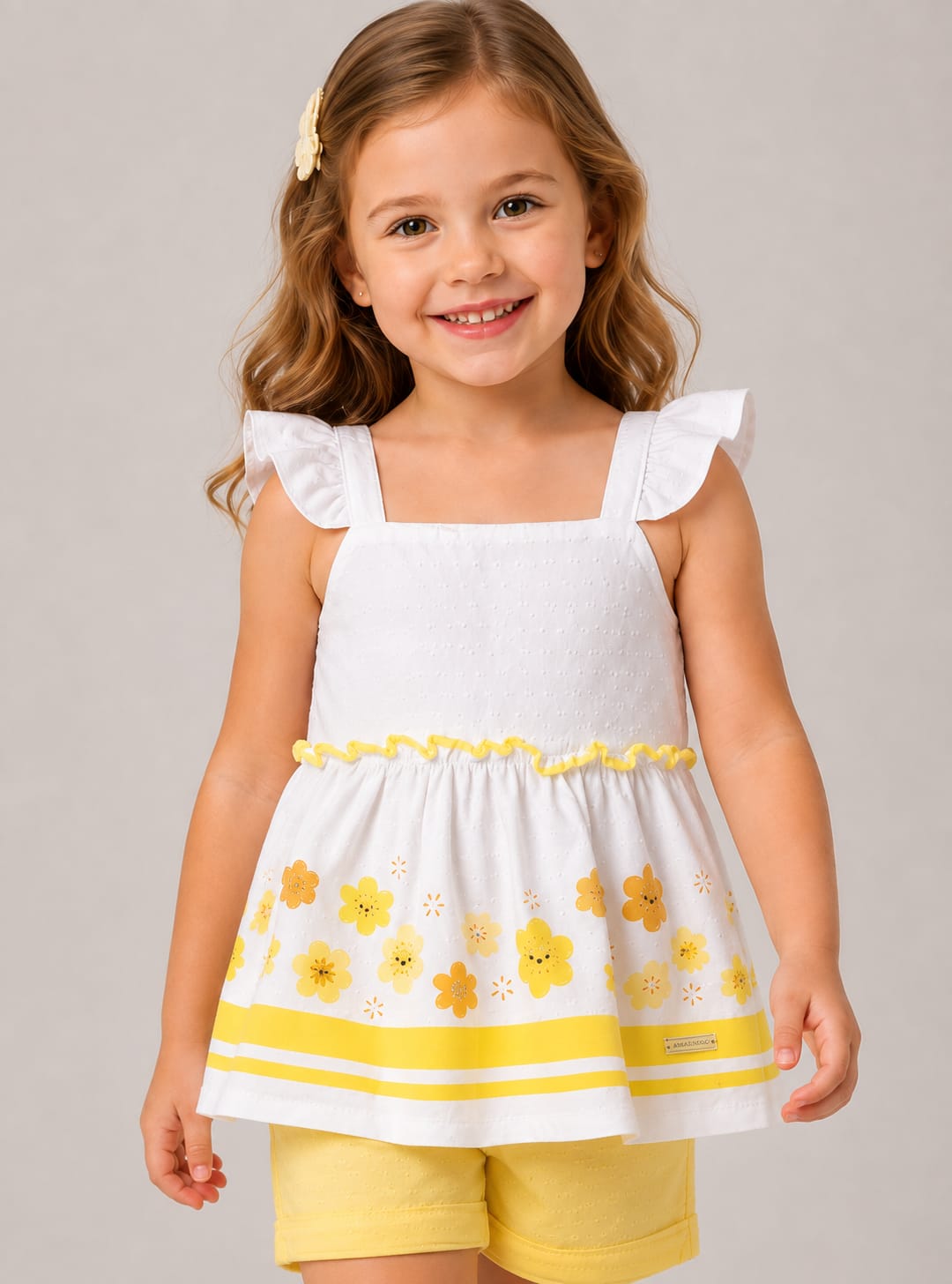 Conjunto Infantil Feminino Floral Amarelo em Malha Nikko