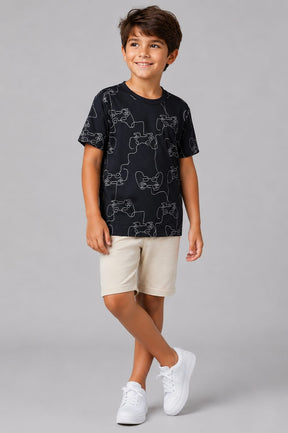Conjunto Infantil Masculino Camiseta Gamer em Meia Malha Penteada e Bermuda em Moletom