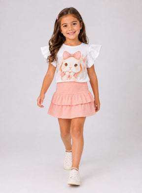 Conjunto Infantil Feminino Coelhinha com Saia Rosa