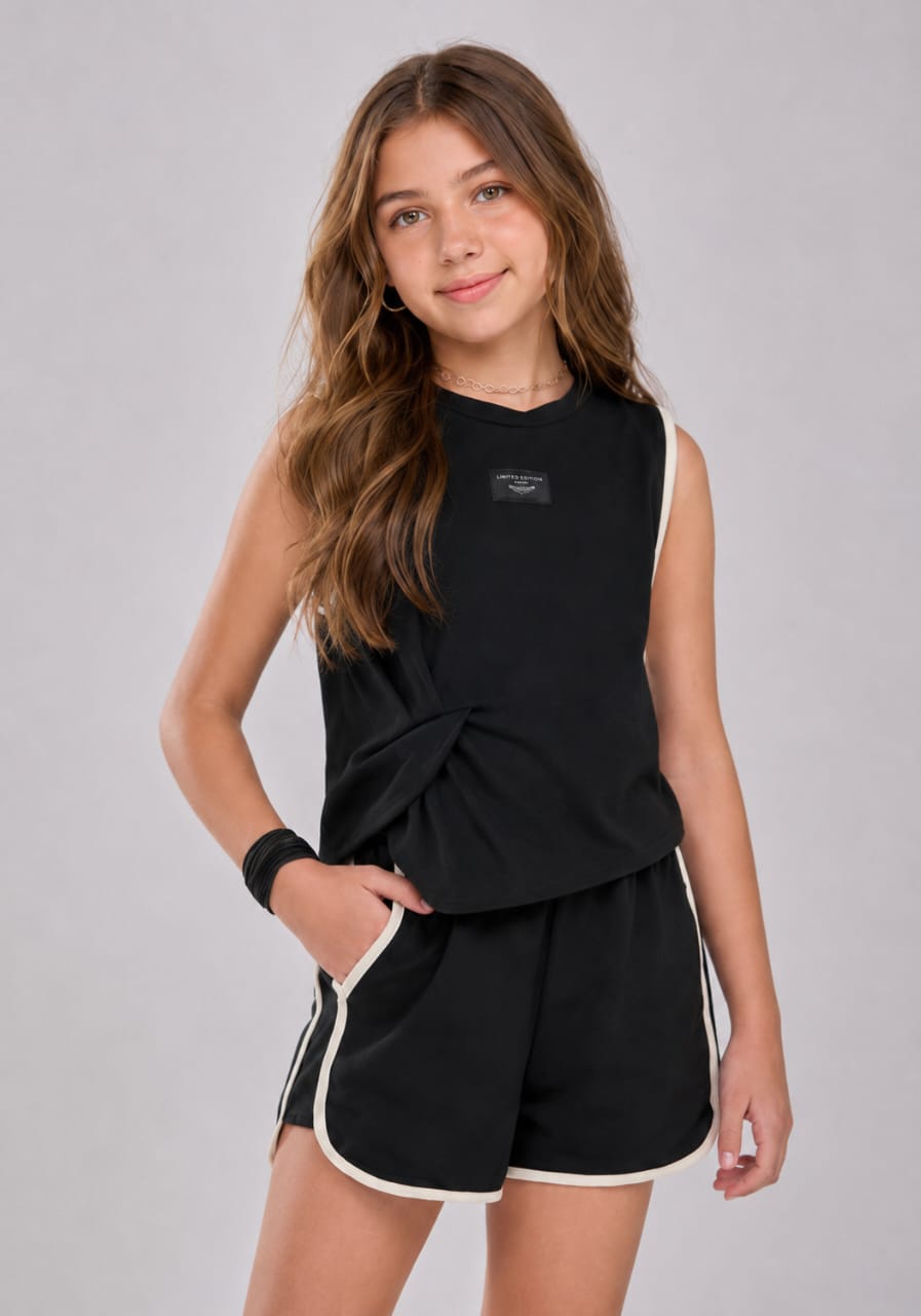 Conjunto Infantil Feminino Regata com Short Preto em Malha New Pequet Confort