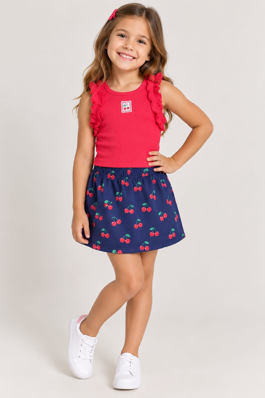 CONJUNTO INFANTIL MENINA BLUSA RIBANA COM BABADOS E SHORT SAIA DE CEREJAS