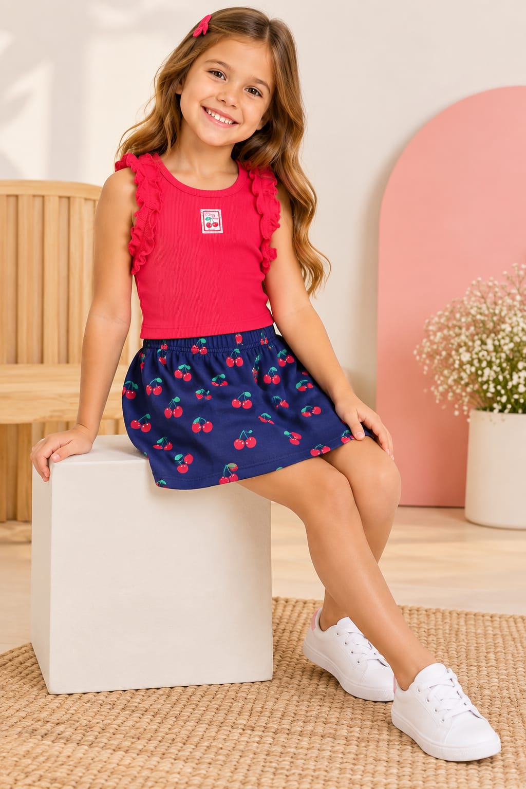 CONJUNTO INFANTIL MENINA BLUSA RIBANA COM BABADOS E SHORT SAIA DE CEREJAS