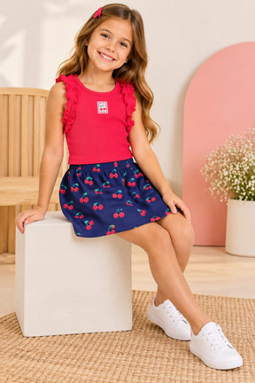 CONJUNTO INFANTIL MENINA BLUSA RIBANA COM BABADOS E SHORT SAIA DE CEREJAS