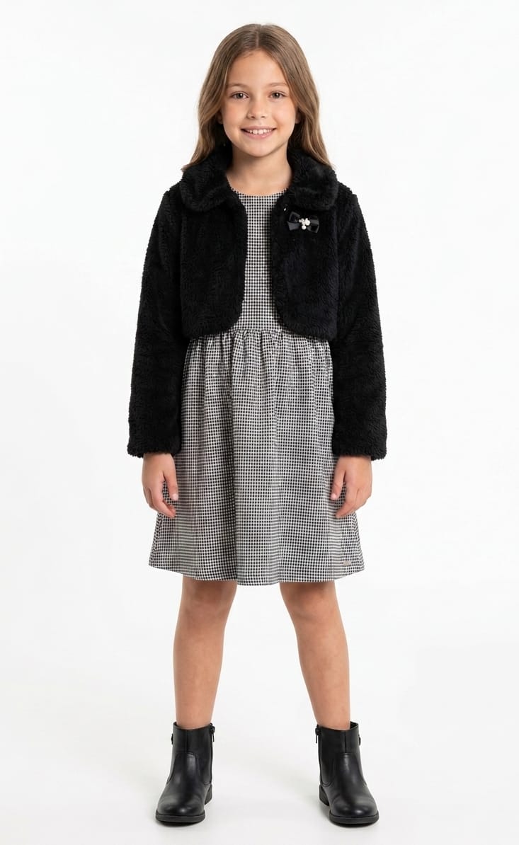 Conjunto Infantil Vestido Pied de Poule com Bolero em Pelo