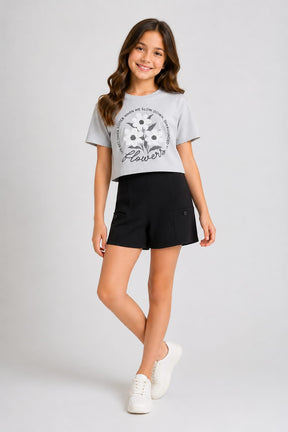 Conjunto Infantil Feminino Blusa em Meia Malha Penteada e Short em Malha Diagonal