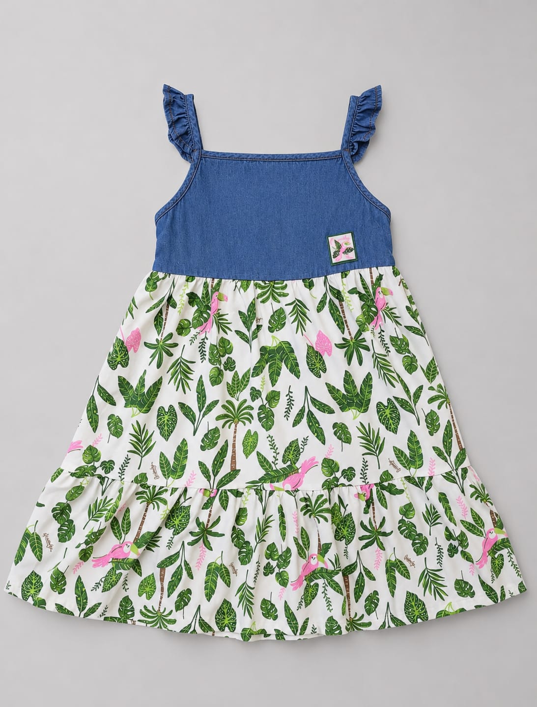 Vestido Infantil em Cotton e Jeans com Estampa Tropical