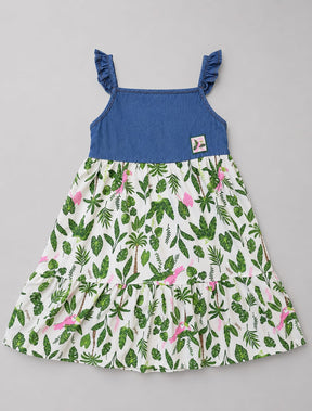 Vestido Infantil em Cotton e Jeans com Estampa Tropical