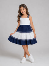 Vestido Infantil em Malha Nikko Bicolor com Alças e Laço Decorativo