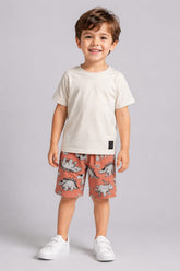 Conjunto Infantil Masculino Camiseta em Malha Penteada e Short em Moletom Estampa Dinossauros