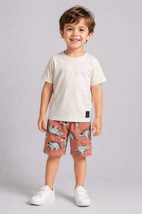 Conjunto Infantil Masculino Camiseta em Malha Penteada e Short em Moletom Estampa Dinossauros