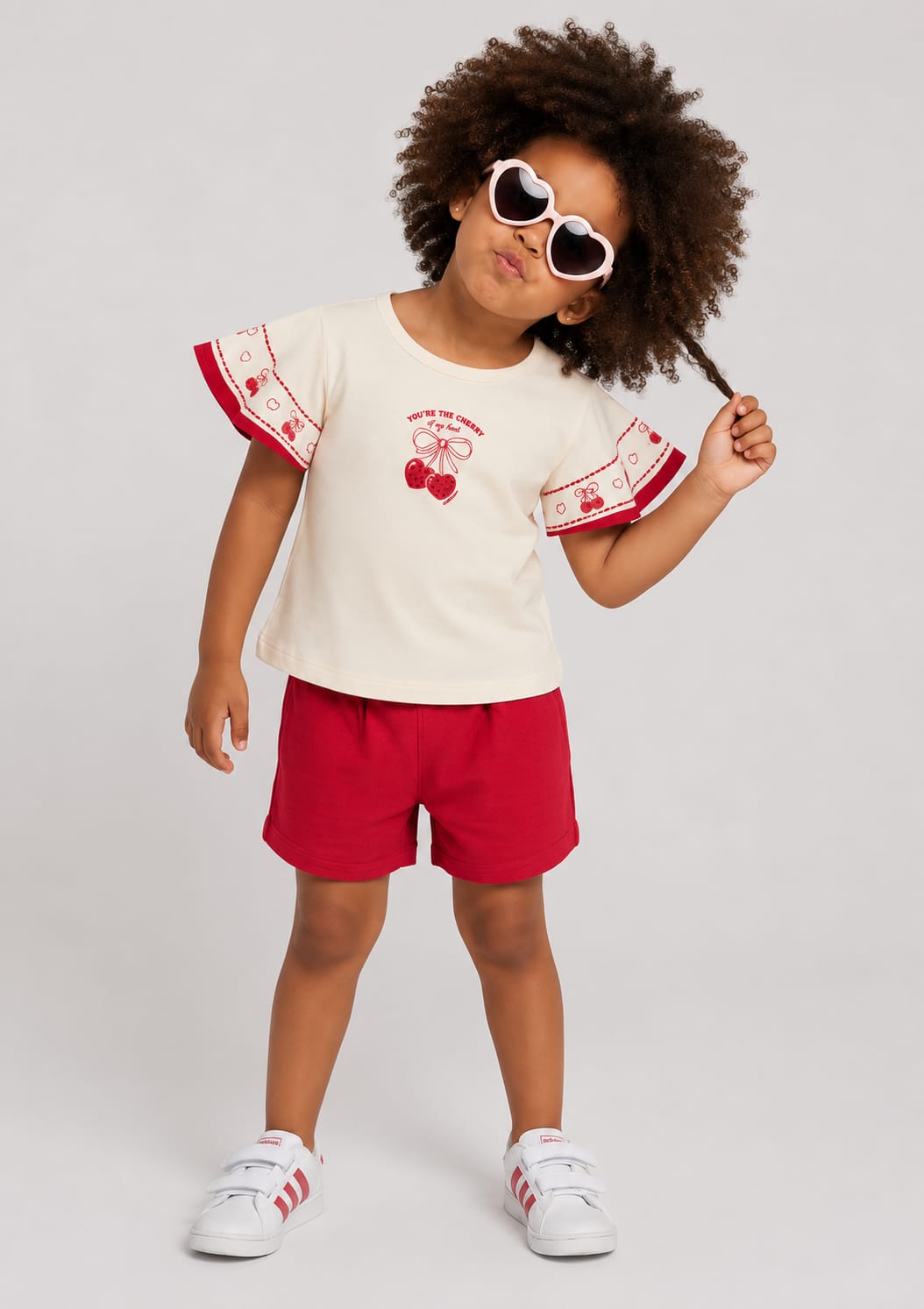 Conjunto Infantil Feminino Blusa e Short em Malha Nikko Estampa Cerejas