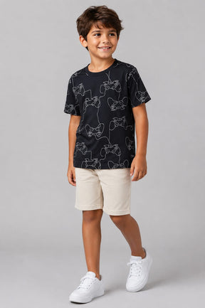 Conjunto Infantil Masculino Camiseta Gamer em Meia Malha Penteada e Bermuda em Moletom