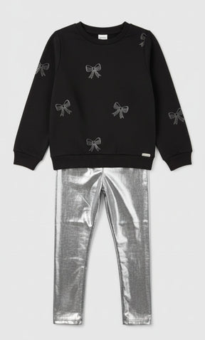 Conjunto Moletom e Legging Prateada Laço Infantil