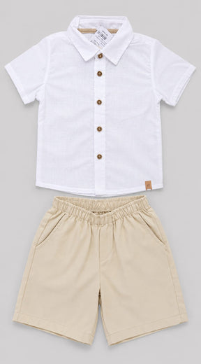 Conjunto Infantil Masculino Camisa Branca e Bermuda Bege