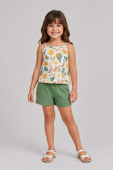Conjunto Infantil Feminino Regata Estampada em Meia Malha Penteada com Short em Moletom