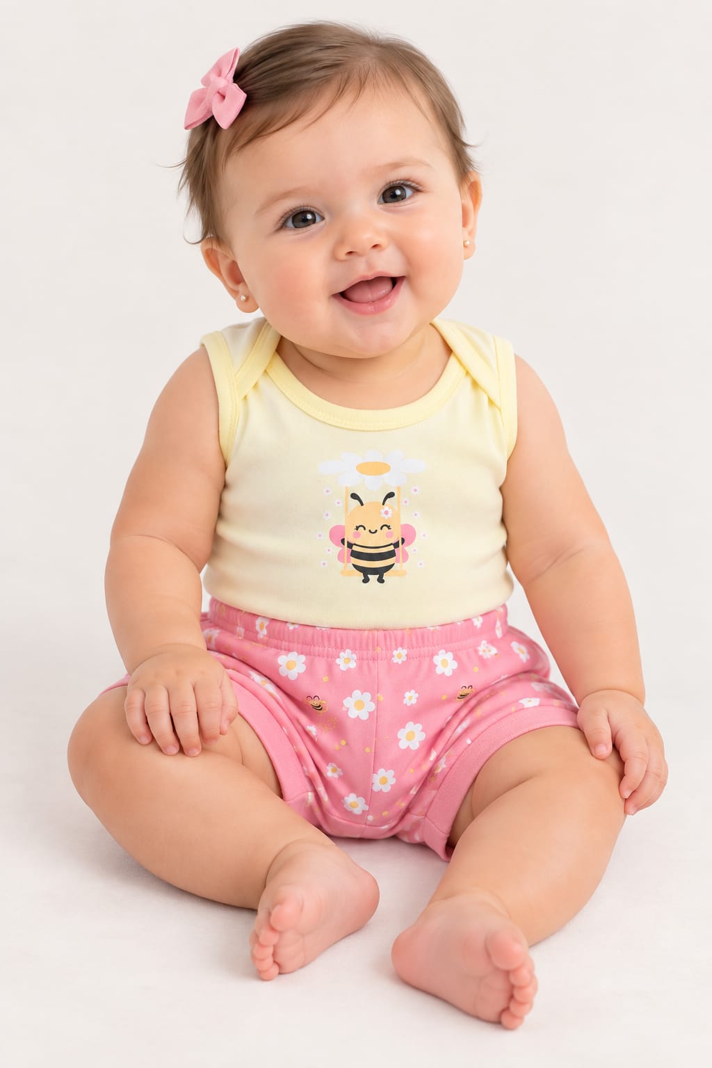 KIT BEBÊ 3 PEÇAS 2 BODIES + SHORT ESTAMPA ABELHINHA