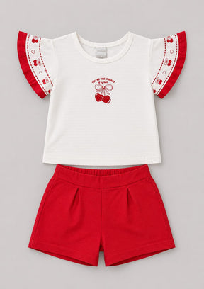 Conjunto Infantil Feminino Blusa e Short em Malha Nikko Estampa Cerejas
