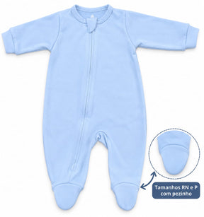 MACACÃO BEBÊ AZUL COM ZÍPER 100% ALGODÃO MALHA PREMIUM