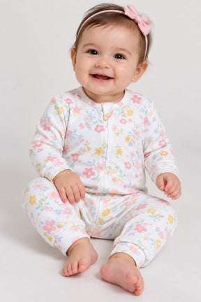 MACACÃO BEBÊ FLORAL COM ZÍPER 100% ALGODÃO MALHA PREMIUM