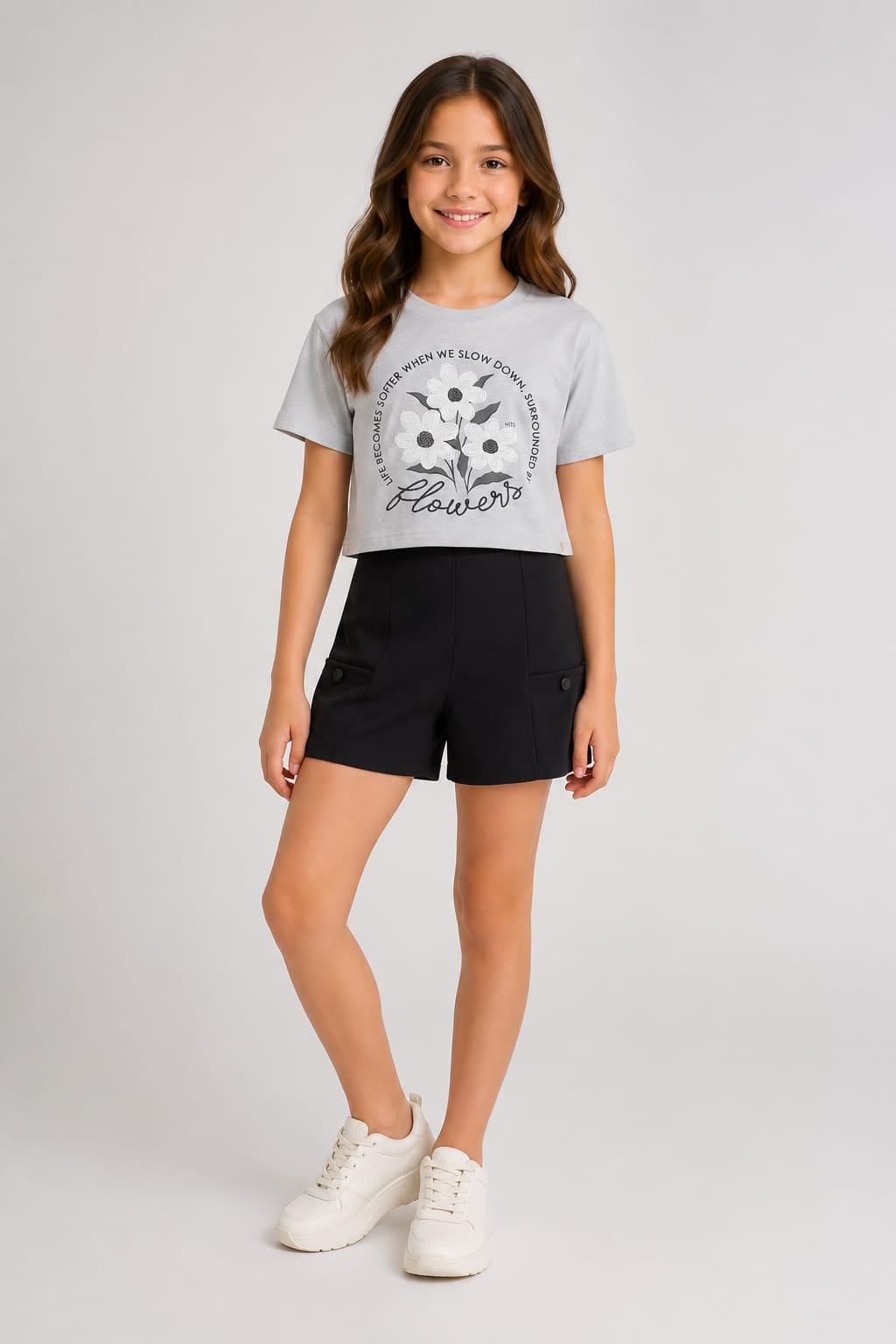 Conjunto Infantil Feminino Blusa em Meia Malha Penteada e Short em Malha Diagonal