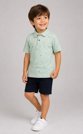 Conjunto Infantil Masculino Polo Estampada com Short em Moletom