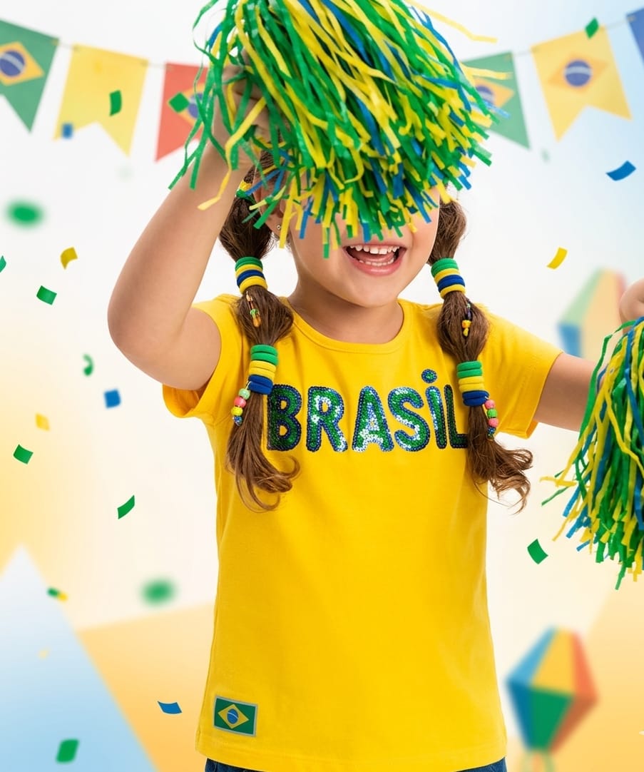 Blusa da Copa Brasil Infantil 100% Algodão com Lantejoulas