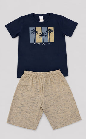 Conjunto Infantil Masculino Camiseta Meia Malha Penteada com Short em Moletom
