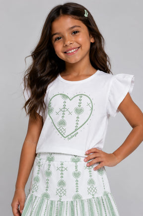 Conjunto Infantil Feminino Blusa em Malha Nikko e Saia com Short Interno