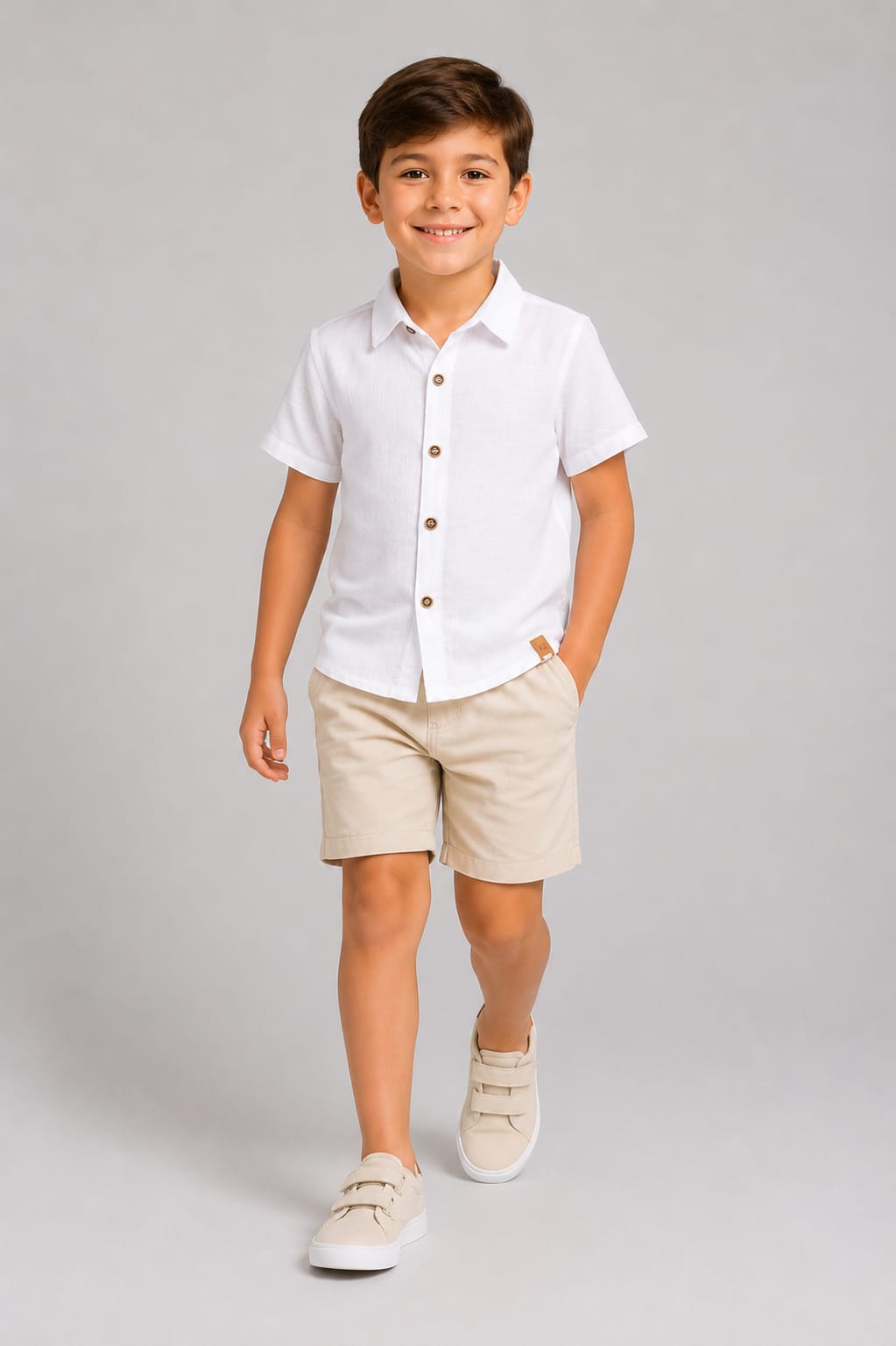 Conjunto Infantil Masculino Camisa Branca e Bermuda Bege