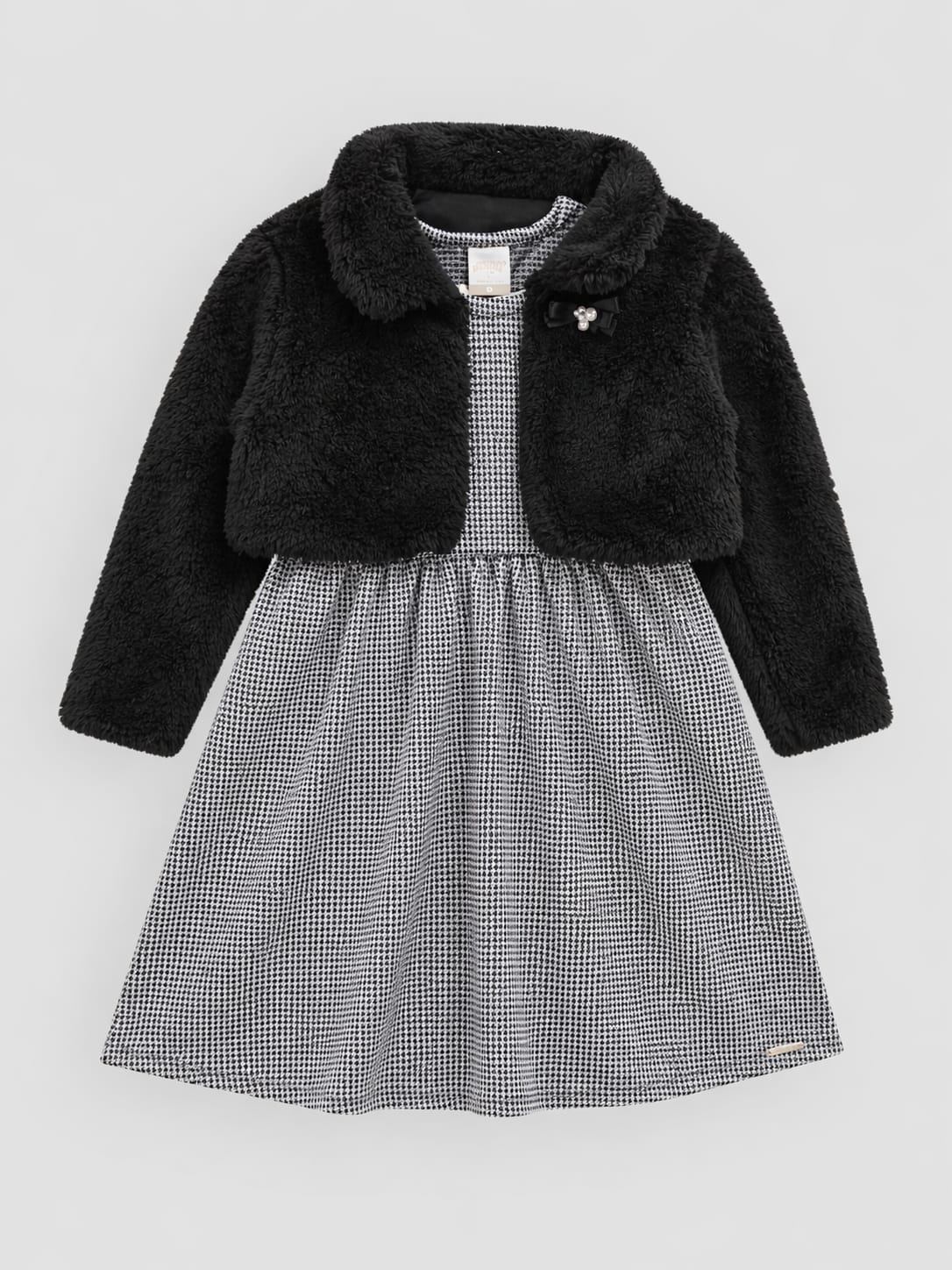 Conjunto Infantil Vestido Pied de Poule com Bolero em Pelo