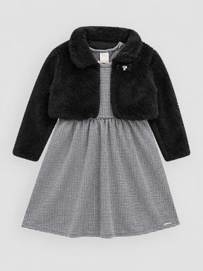 Conjunto Infantil Vestido Pied de Poule com Bolero em Pelo