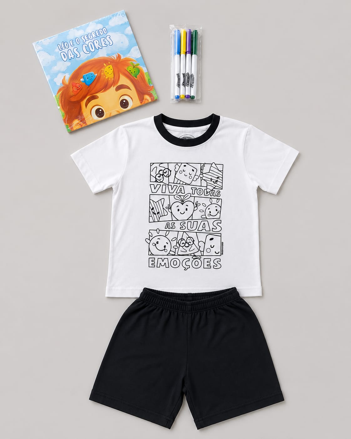 Pijama Infantil Unissex para Colorir com Canetinhas Laváveis + Livro de Colorir + Adesivos