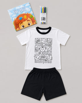 Pijama Infantil Unissex para Colorir com Canetinhas Laváveis + Livro de Colorir + Adesivos