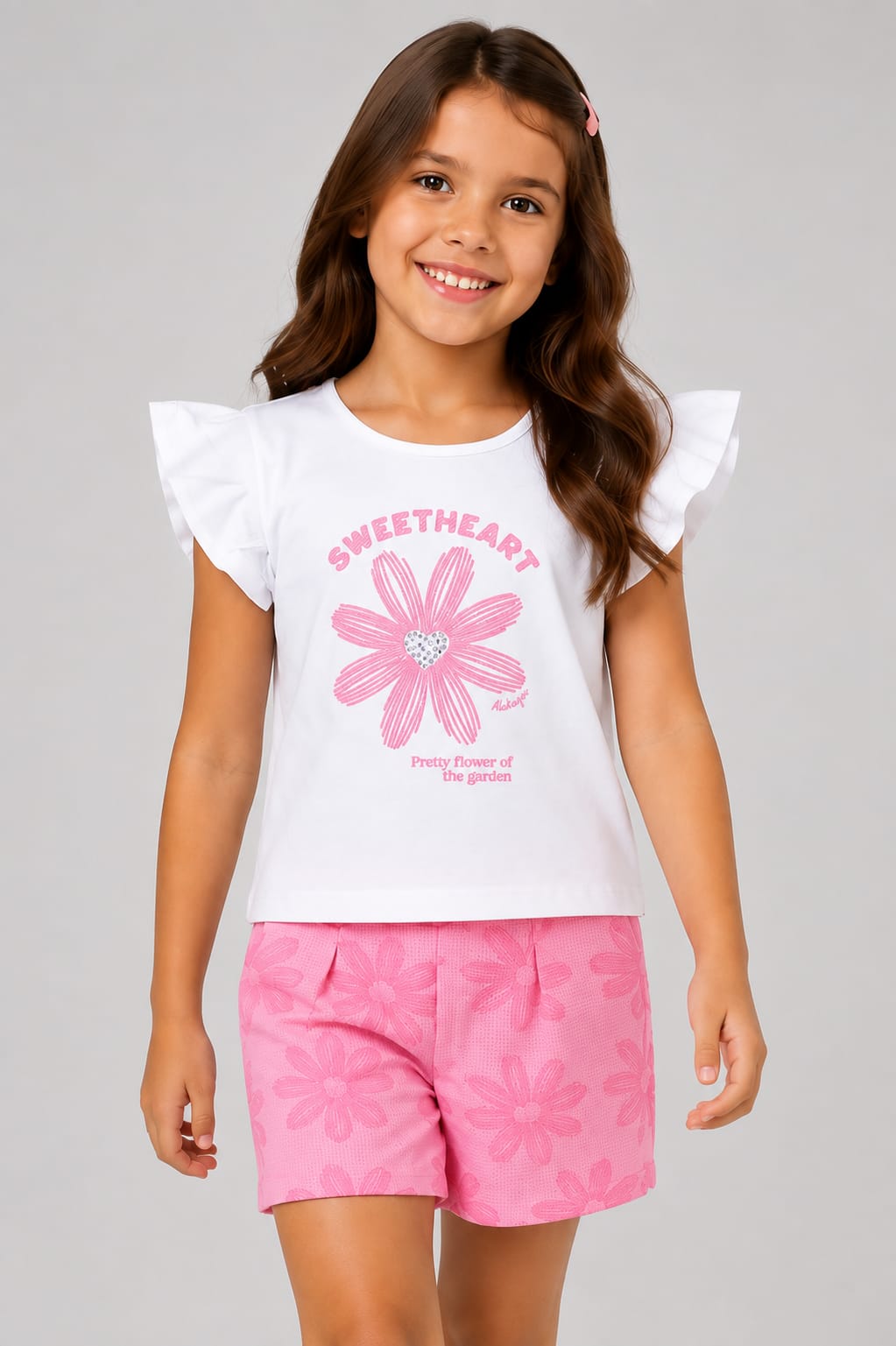 Conjunto Infantil Feminino Sweetheart com Blusa em Malha Cotton e Short em Malha New Marrocos