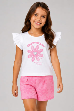 Conjunto Infantil Feminino Sweetheart com Blusa em Malha Cotton e Short em Malha New Marrocos