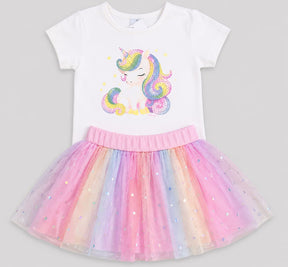 Conjunto Infantil Blusa Cotton com Saia de Tule e Aplicação de Strass