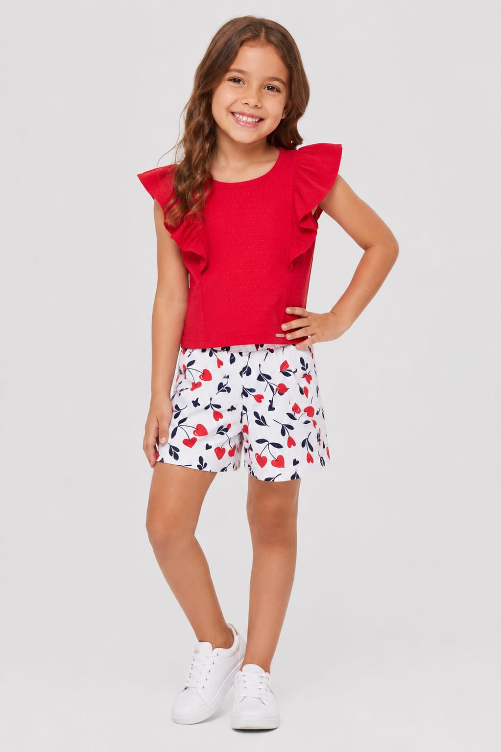 Conjunto Infantil Feminino Blusa com Babados e Short Estampado Corações