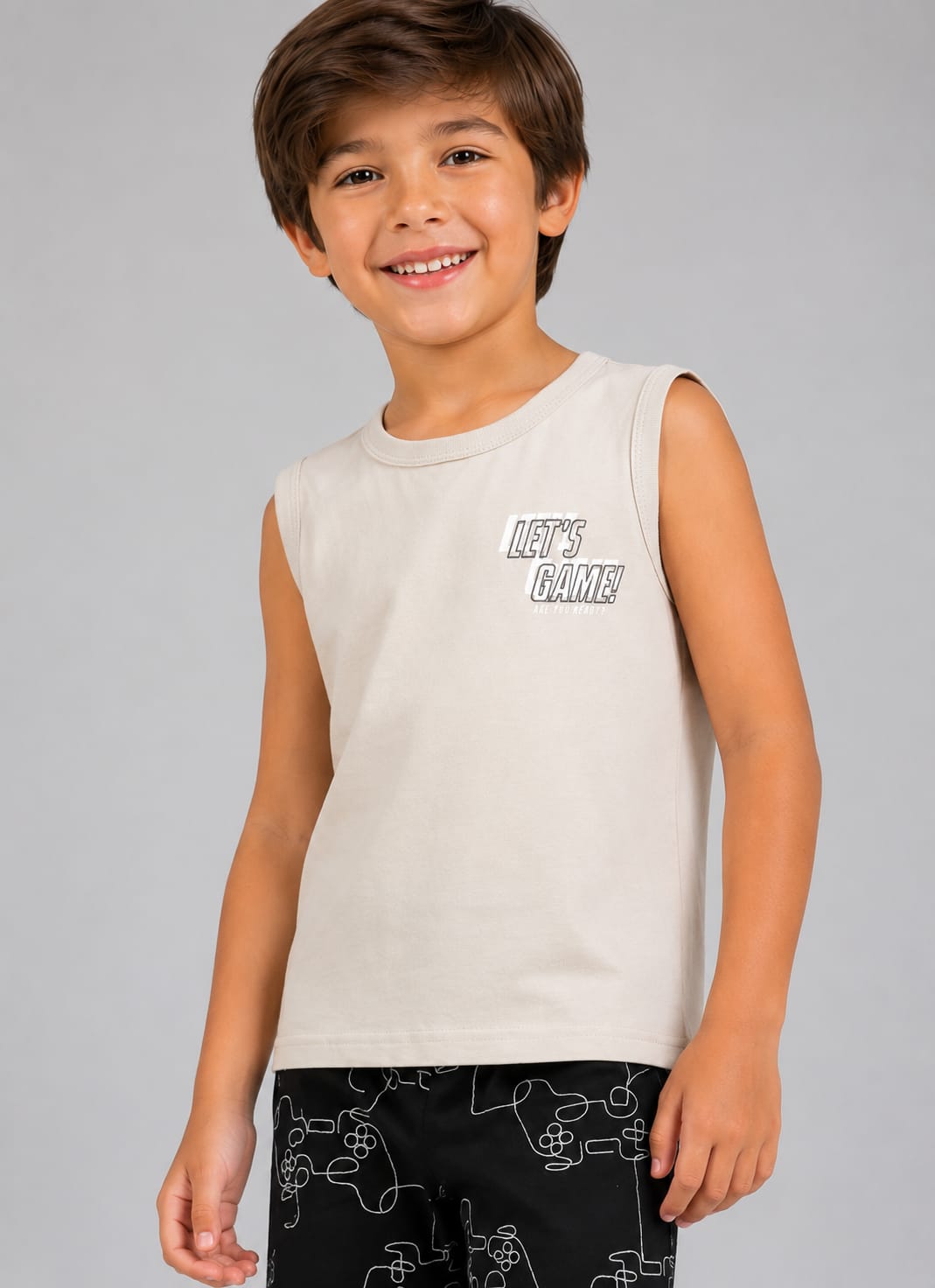 Conjunto Infantil Masculino Regata em Malha Penteada com Short em Moletom Game