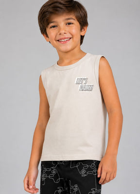 Conjunto Infantil Masculino Regata em Malha Penteada com Short em Moletom Game