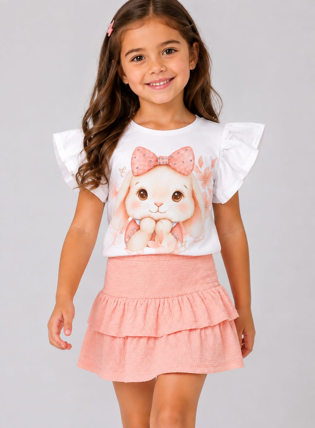 Conjunto Infantil Feminino Coelhinha com Saia Rosa