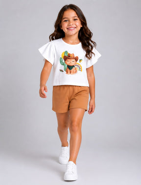 Conjunto Infantil Feminino Blusa em Malha Penteada com Short em Moletom