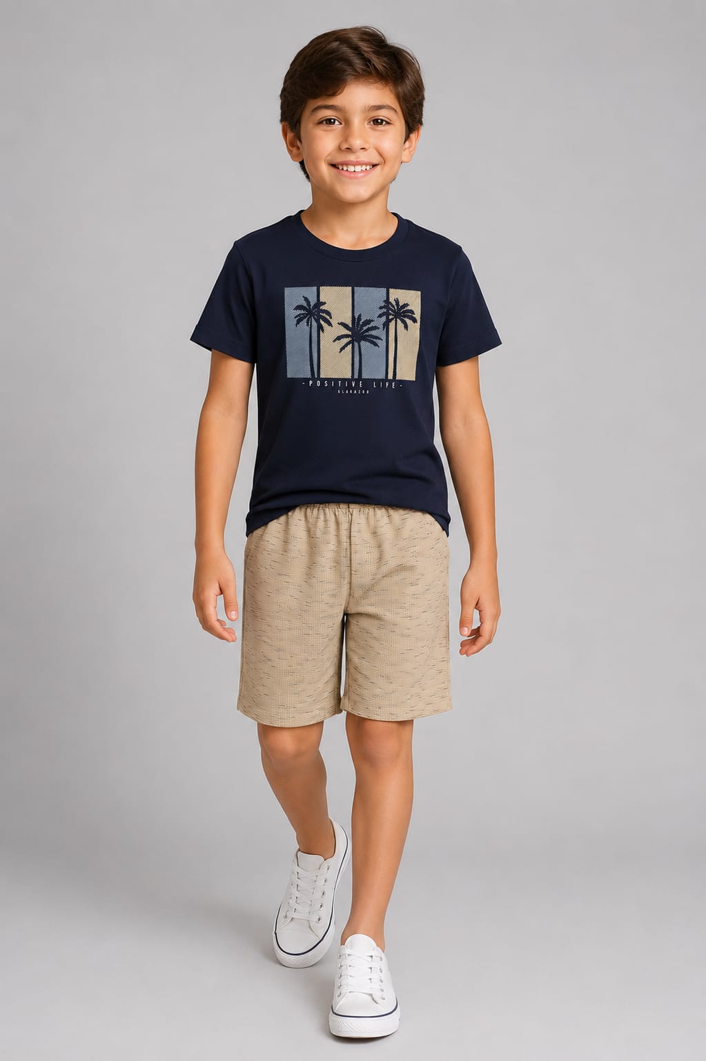 Conjunto Infantil Masculino Camiseta Meia Malha Penteada com Short em Moletom