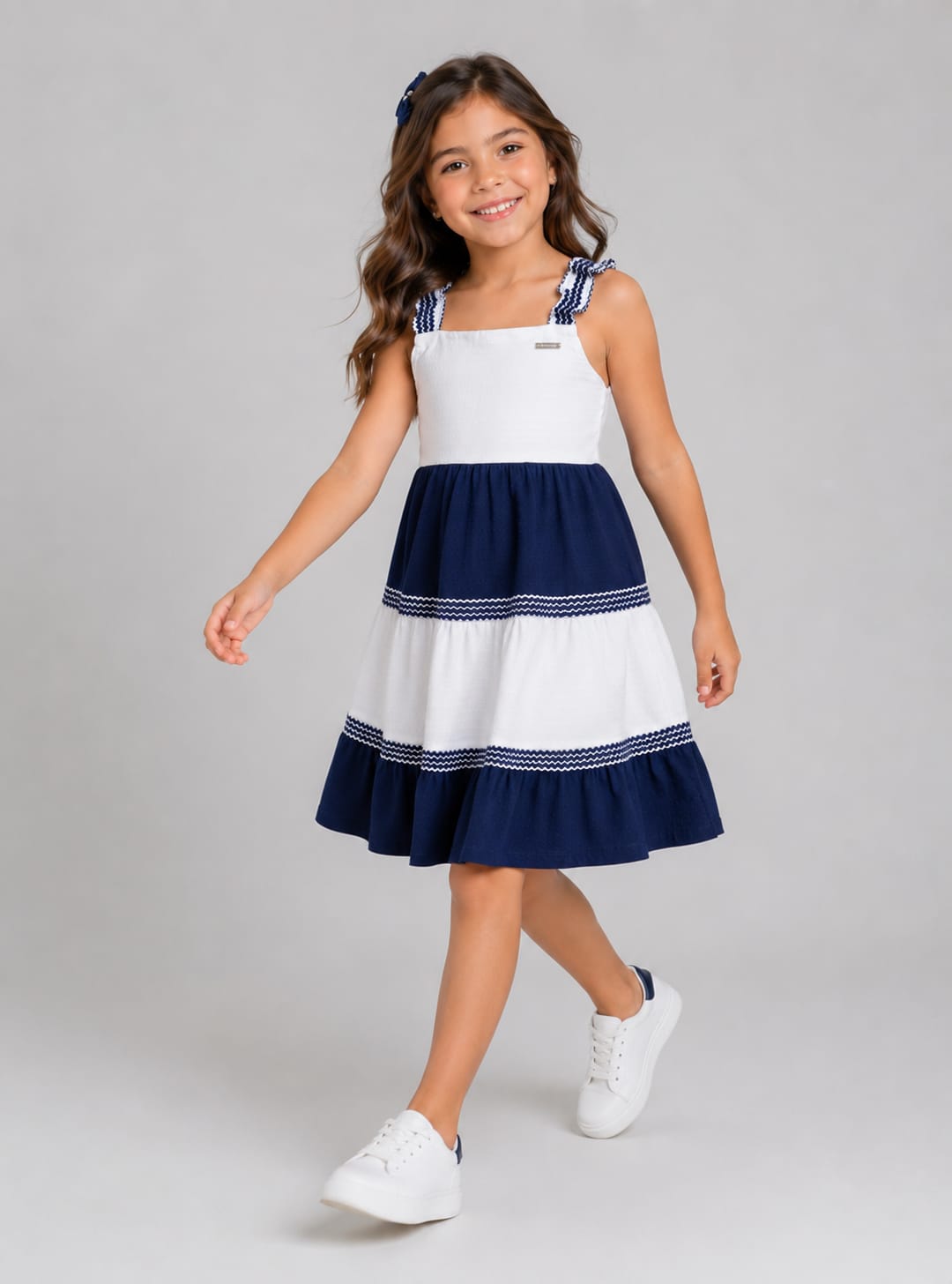 Vestido Infantil em Malha Nikko Bicolor com Alças e Laço Decorativo