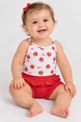 CONJUNTO BEBÊ BODY REGATA + SHORT COM BABADOS ESTAMPA MORANGO